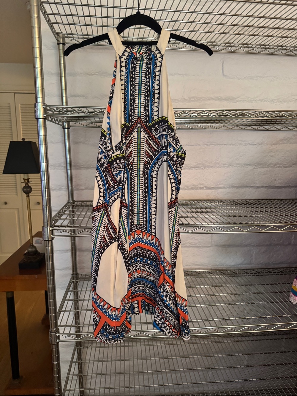 Halter Mini Dress in White Multi Geometric Print